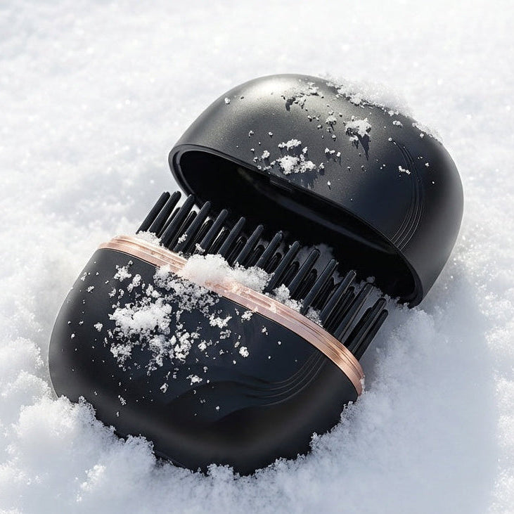 Black hairbrush with snow on a white background, promoting 'Silk Flow Mini' product.