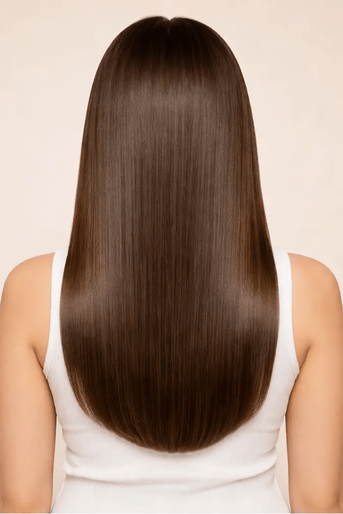 Before and after comparison of long, wavy hair styled straight on a neutral background. silk flow 