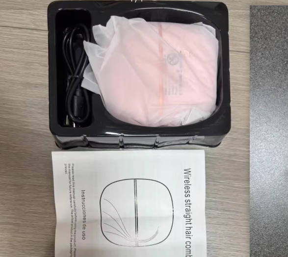 Packaged hair straightening comb with packaging on a table